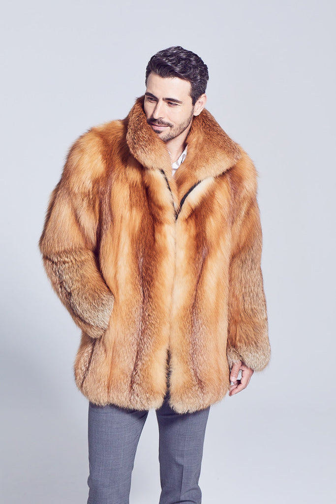 Mens Derek Black Fox Fur Jacket modeled with hand in pockets