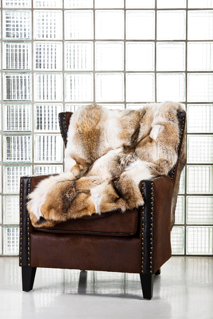 Coyote Fur Blanket draped over a sofa chair for interior design