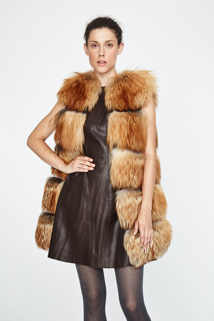 gold fox fur vest horizontally sectioned by mesh