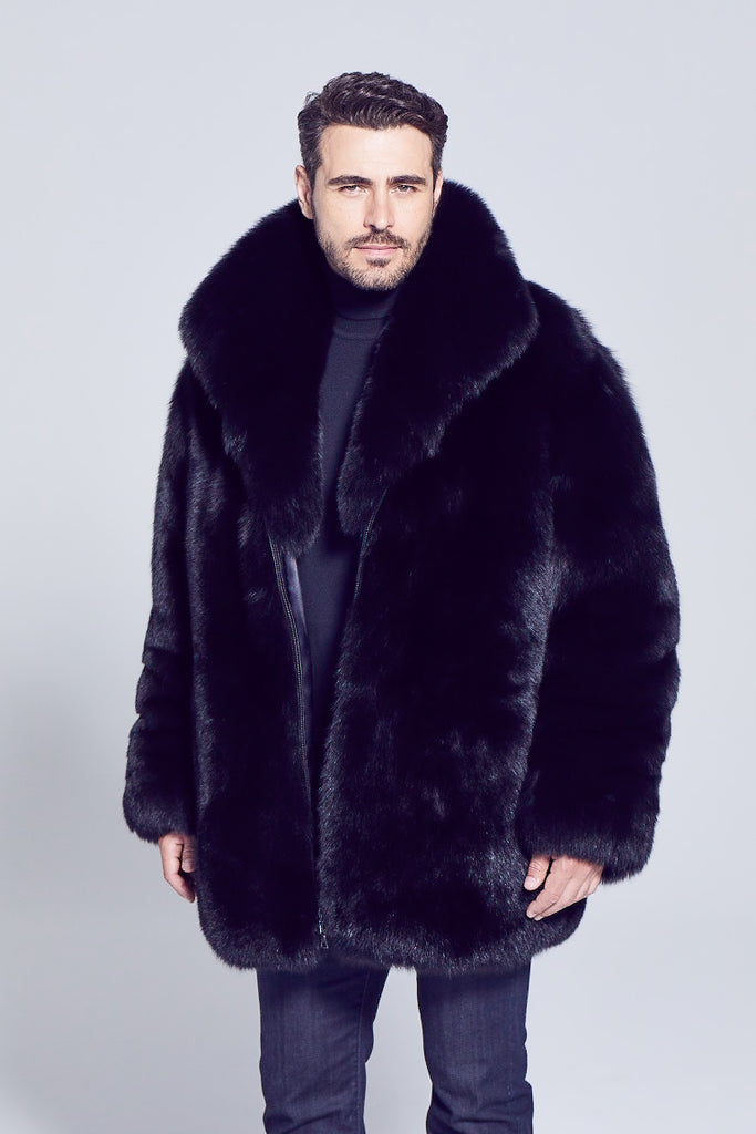 Black Fox Fur Winter Jacket with zipper closure and shawl collar