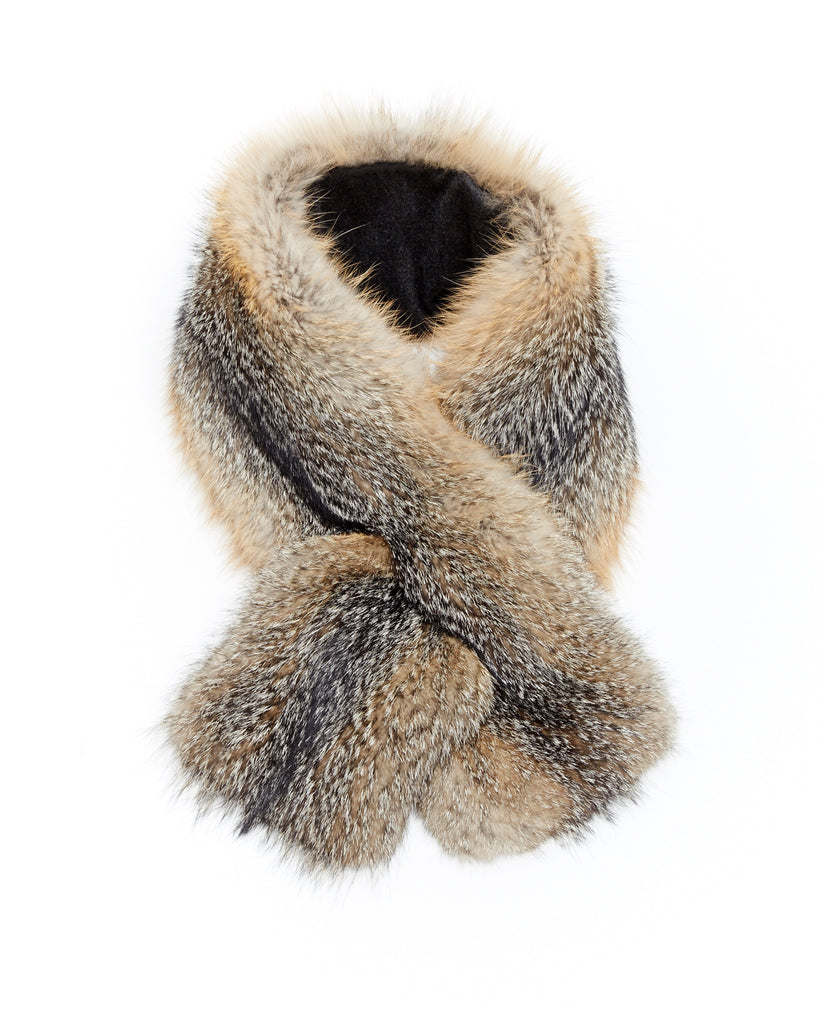 American grey fox fur winter scarf accessory with cashmere backing and slit through opening
