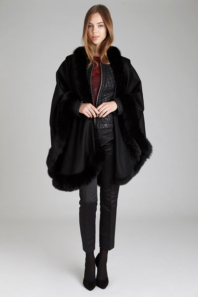 Black Cashmere Cape with Black Fox Fur trim all around Winter Evening Accessory one size fits all