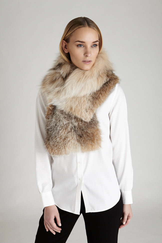 canadian lynx fur oversized collar winter accessory worn over white blouse
