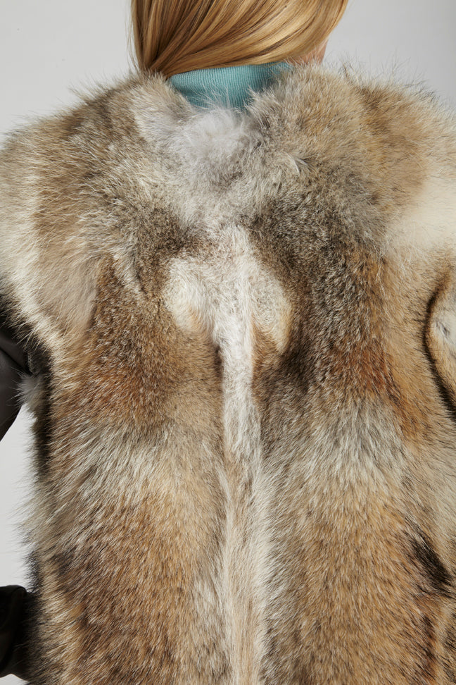 natural coyote fur vest with detachable leather sleeves back detail