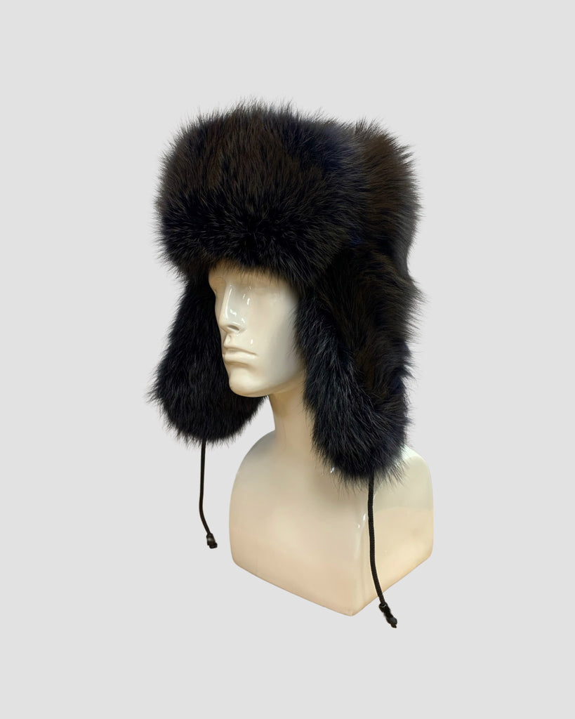 Fox Fur Trooper Winter Hat in Cobalt Color side view