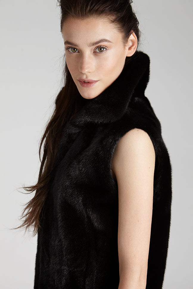 Womens Ranch Mink Fur Vest with stand up collar side view