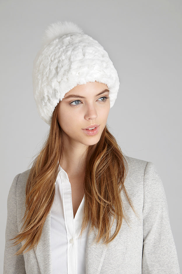 White knit rex rabbit fur winter hat with pom pom  accessory