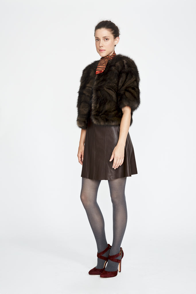 Sable Fur Bolero Jacket styled with black skirt and heels for a formal occasion