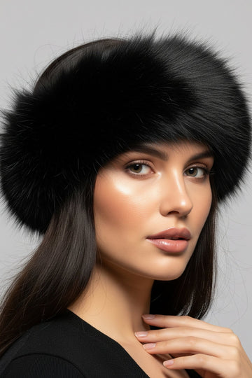 Woman wearing a black fox fur headband wearing a black shirt