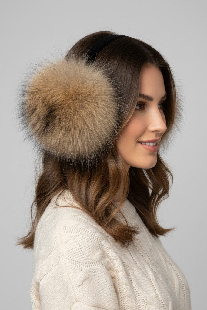 woman wearing finn raccoon fur earmuffs with velvet band and a white sweater