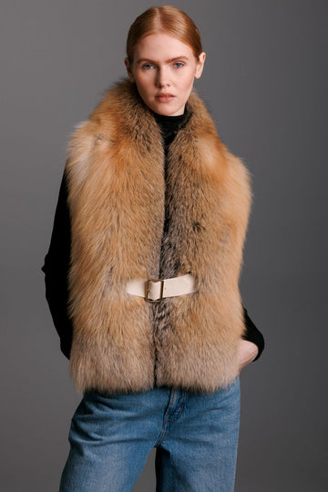 oversized golden island fox collar with buckle worn over sweater and jeans
