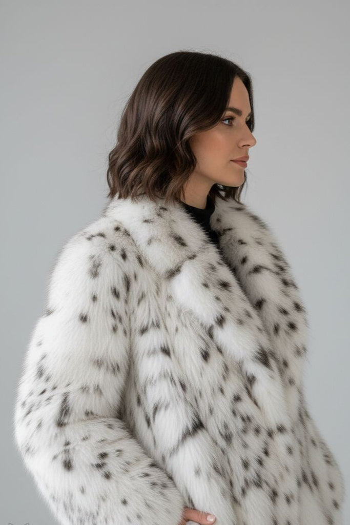 lynx belly coat closeup side view on woman model