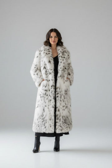 woman wearing full length belly lynx coat 