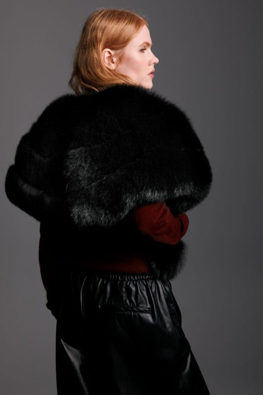 black fox real fur shrug on woman wearing black leather pants back detail view