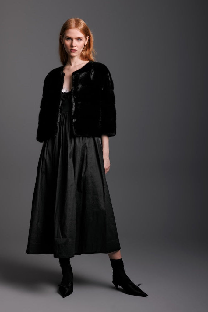 ranch black mink fur jacket bolero on woman wearing black dress