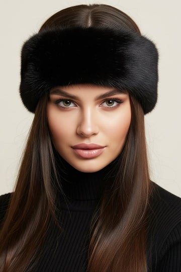 Woman wearing a black ranch mink fur headband against a beige background