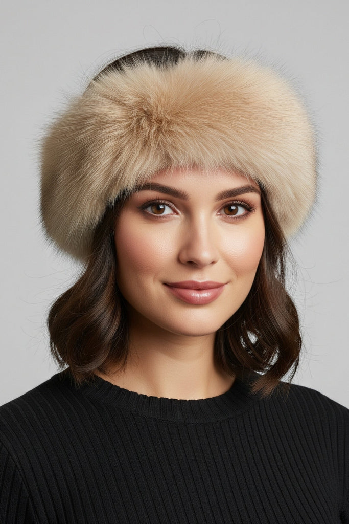 woman wearing a blush tone fox fur headband with velcro closure and black sweater