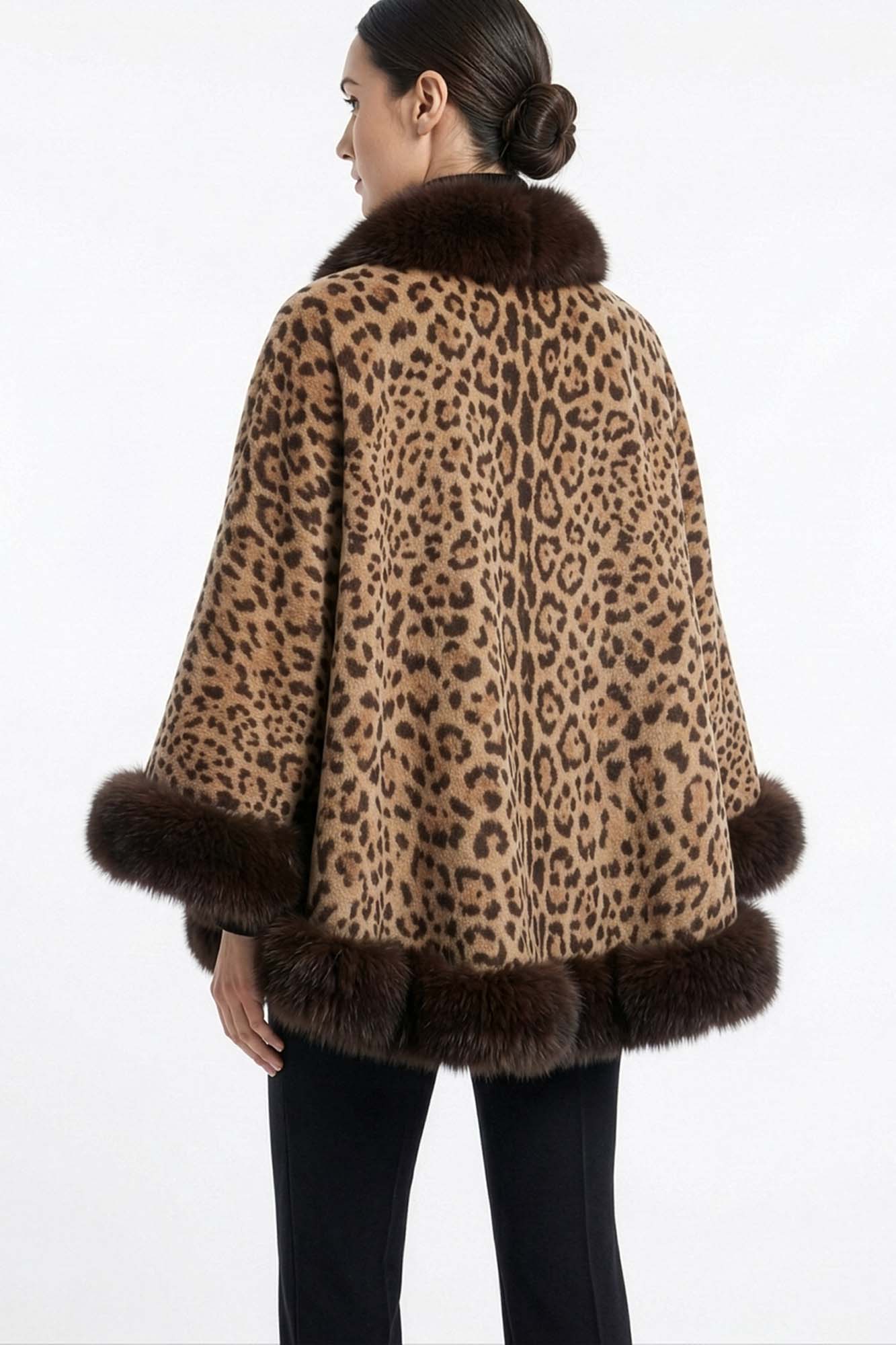 Leopard Print Brown Fox Trim Cashmere Cape – GK Furs
