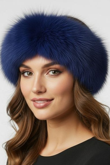 woman wearing cobalt dyed blue fox fur headband with velcro closure and black sweater