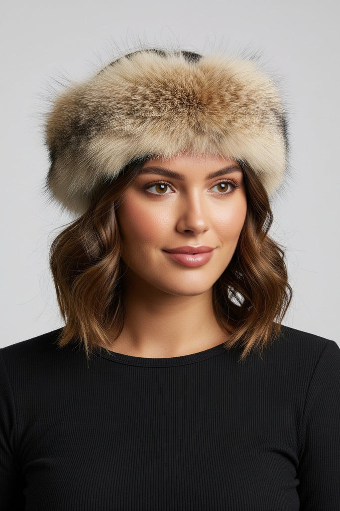 Woman wearing coyote fur headband with velcro adjustable closure and black winter sweater