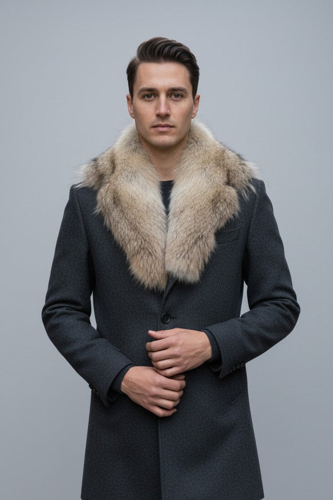 coyote notch mens fur collar worn over a grey coat