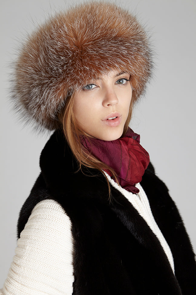 Crystal Fox Fur Headband modeled by a female styling it with a red scarf