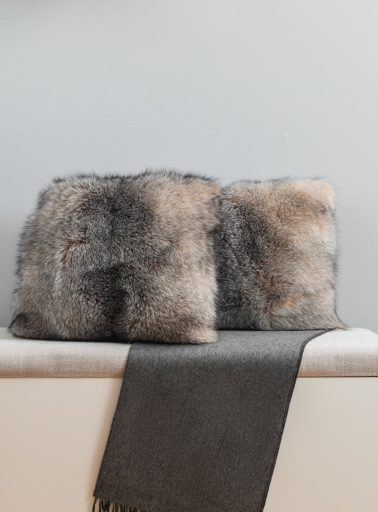crystal fox fur pillow set on bench for interior design
