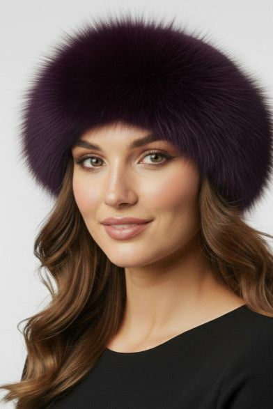 woman wearing dark purple fox fur headband with velcro closure and a black sweater