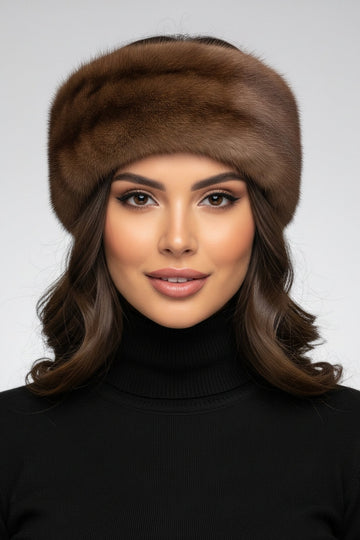 demi-buff brown fur mink headband with velcro closure worn on a woman with a black sweater 
