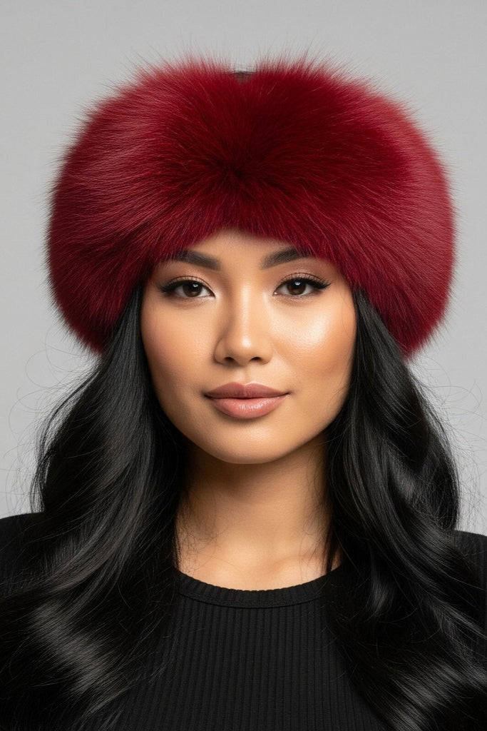Woman wearing a dyed red fox fur headband and black sweater