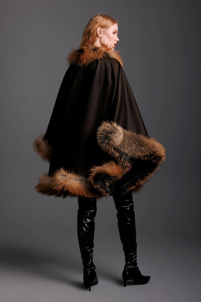 women's gold cross fox fur cashmere brown cape