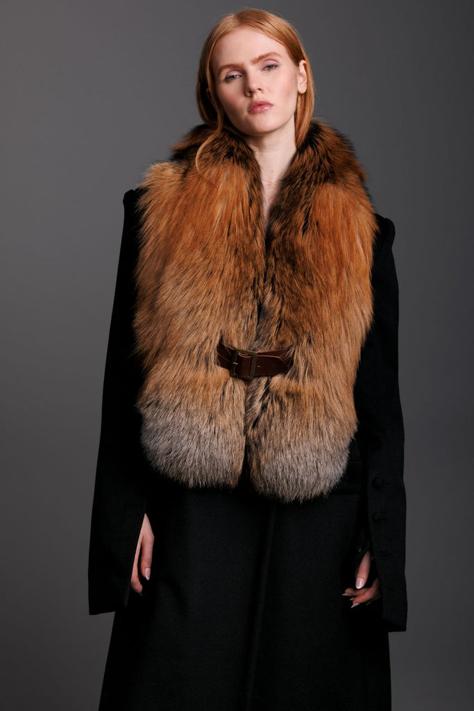 gold cross fox fur oversized collar with buckle closure worn over black cashmere coat