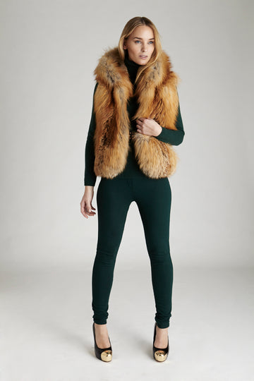 Gold Fox fur hooded short style hip length vest