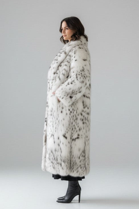 lynx fur belly coat on woman wearing black dress and black boots