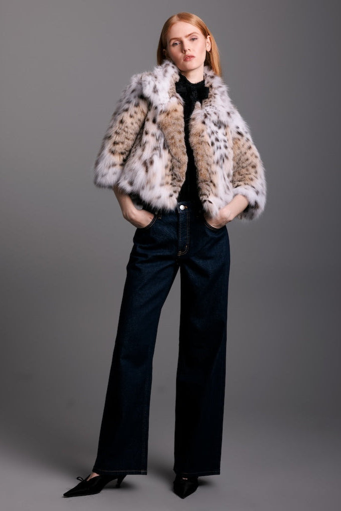 lynx bolero real fur on woman wearing all black