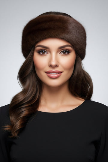 mahogany mink brown fur headband on a woman with dark brown hair