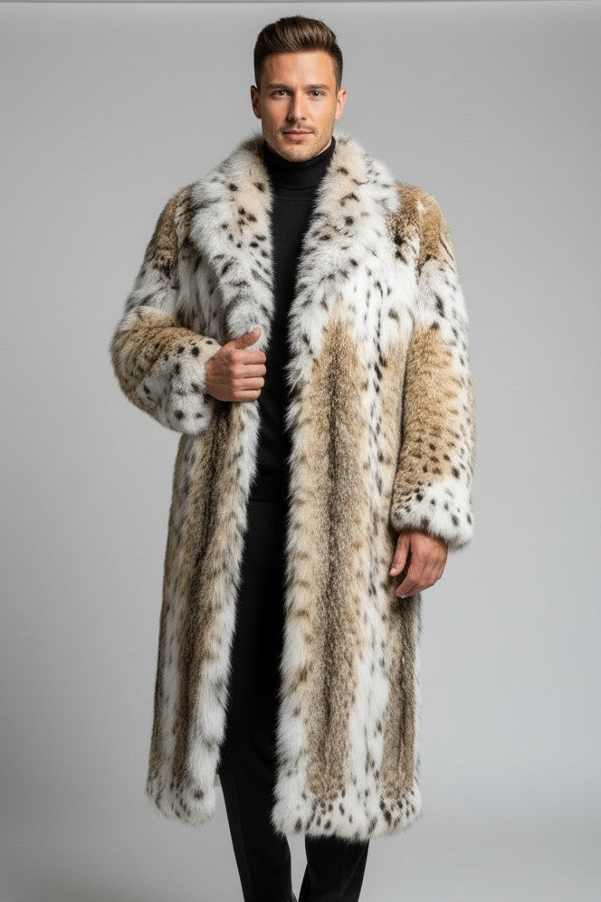 mens american lynx trench style fur coat with notch collar sitting just below the knee