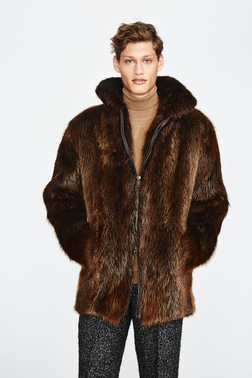 mens-beaver-fur -jacket with a sweater and dress pants