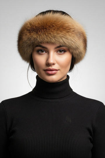 natural red fox fur headband with velcro adjustable closure worn by a woman with a black sweater