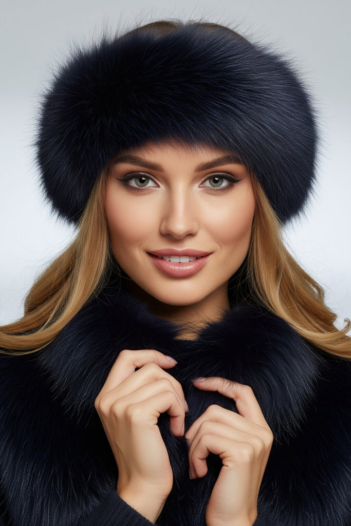 Woman wearing a dark blue navy fox fur headband and matching navy fox fur scarf