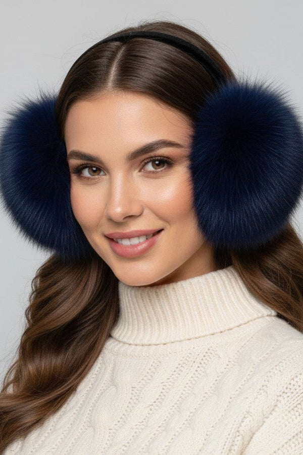woman wearing navy dyed fox fur earmuffs with black velvet headband and white sweater