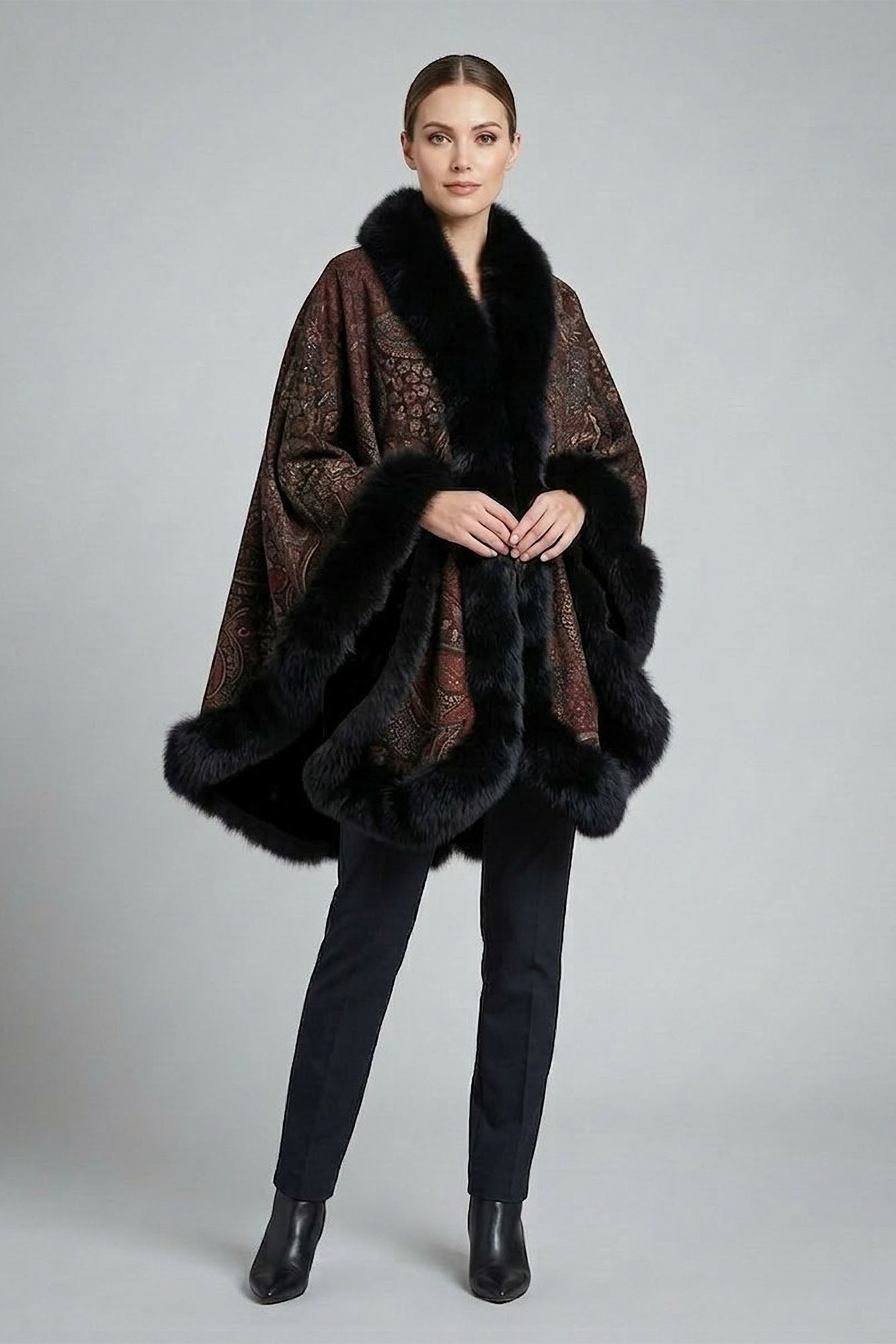 Paisley Print Black Fox Trim Cashmere Cape – GK Furs