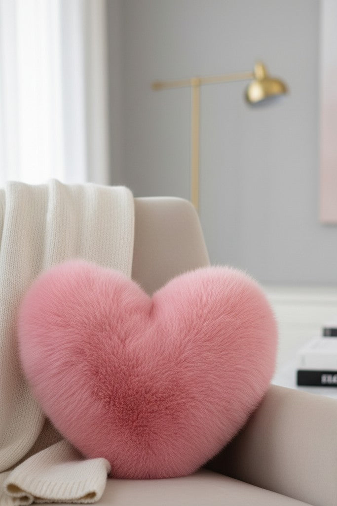 heart shaped fur pillow in pink color in room on white recliner