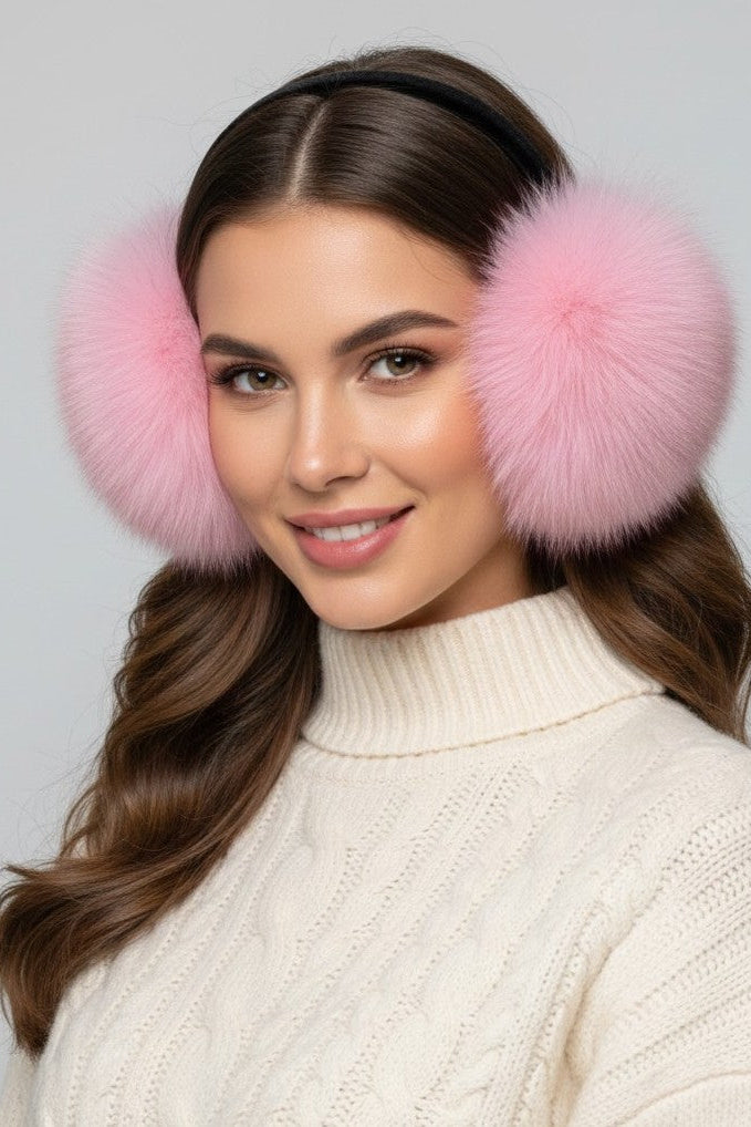 woman wearing pink fox fur real fur black velvet headband and white sweater