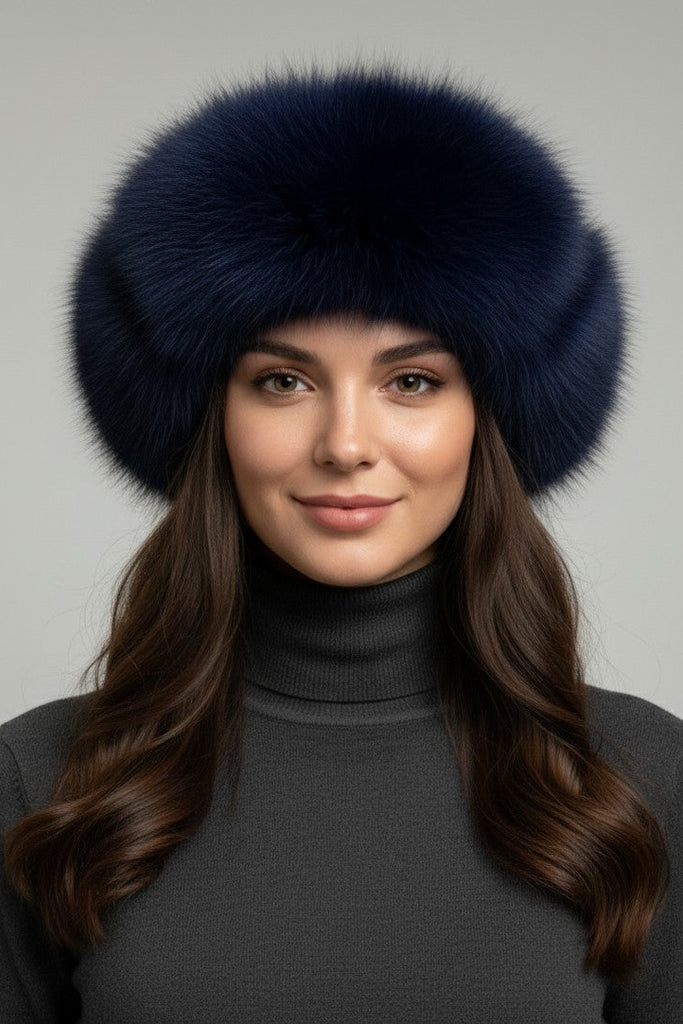 woman wearing cobalt dyed raccoon winter fur hat and grey sweater