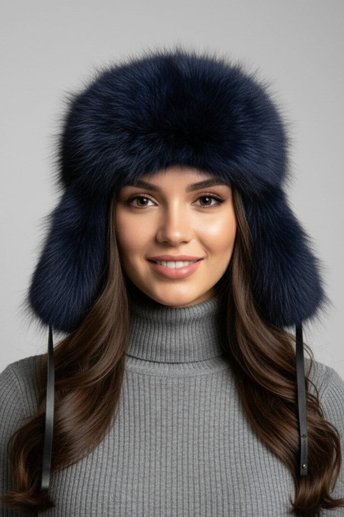 woman wearing a cobalt dyed raccoon winter fur hat