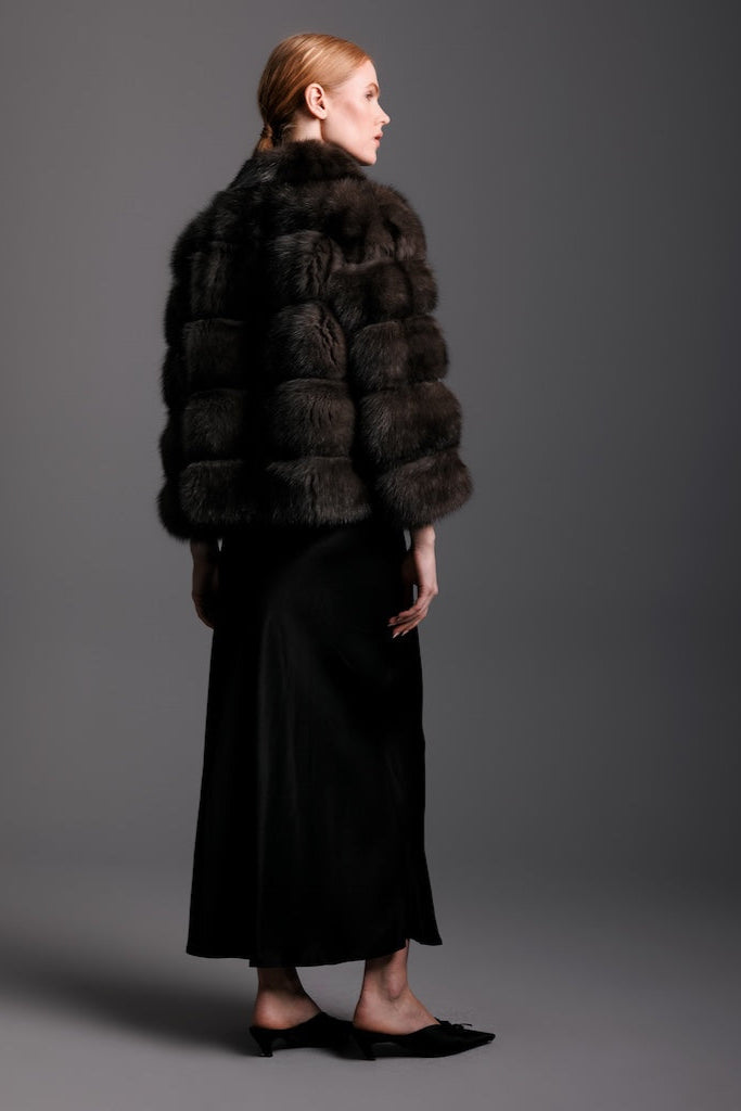 russian barguzin sable jacket in horizonta design detail back view on woman wearing a black silk gown