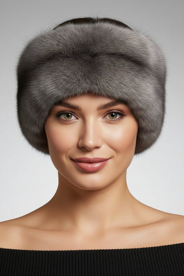 Woman wearing a gray minkfur headband with an off the shoulder black sweater