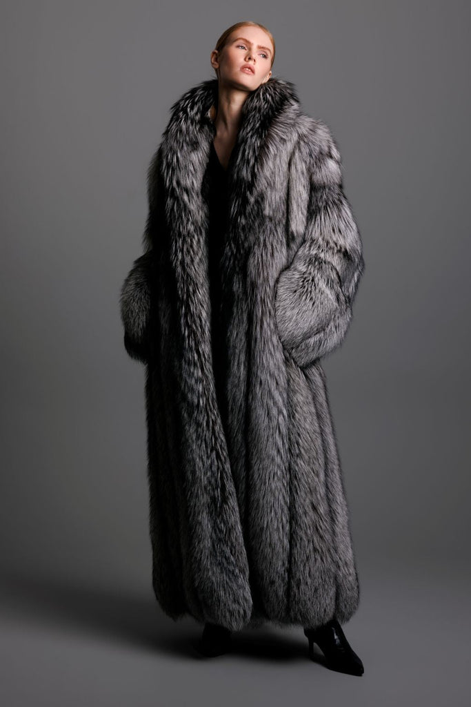 silver fox fur full length coat on woman