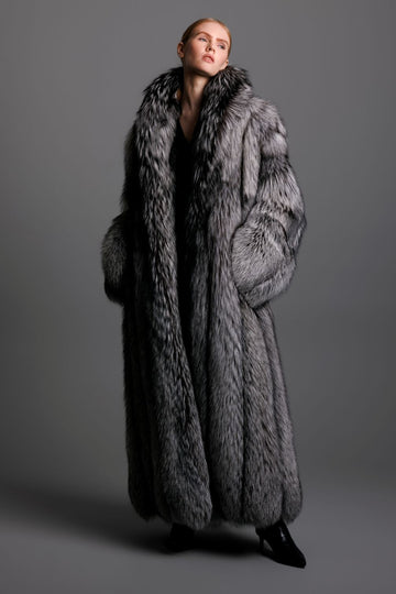 silver fox fur full length coat on woman